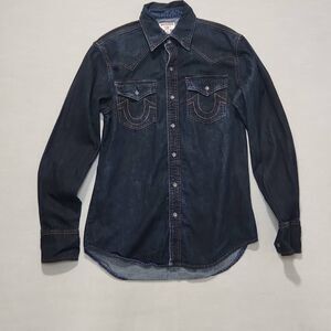 True Religion Men's Size Small Blue Denim Western Long Sleeve Button Down Shirt